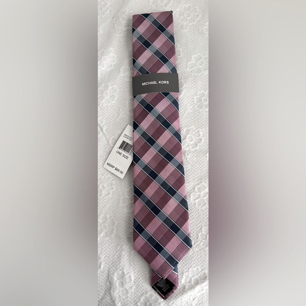 Michael Kors Pink and Blue Plaid Silk Tie